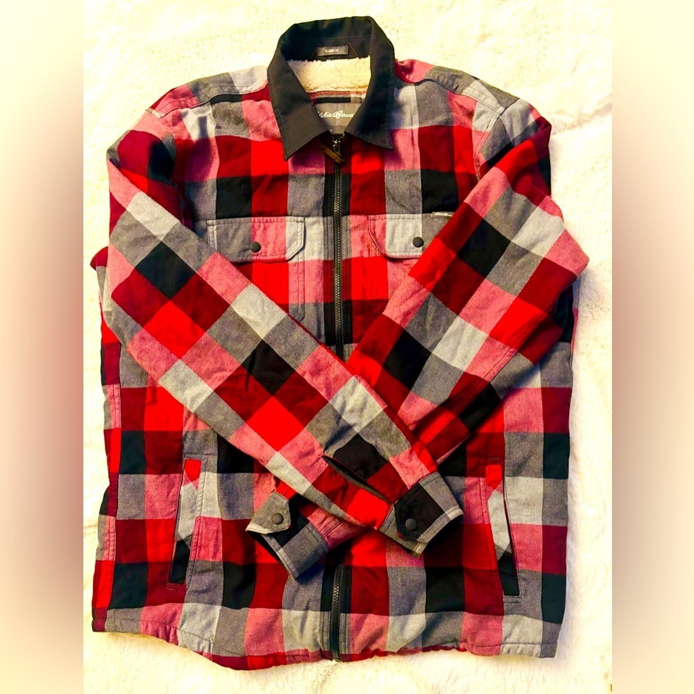 Eddie Bauer Red and Black Checkered Men's Jacket Coat Shacket Size: Tall Large